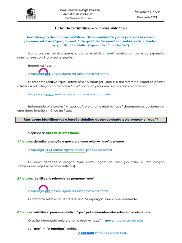 Ficha Info Exercícios Funções Sintáticas Dos Pronomes Relativos E