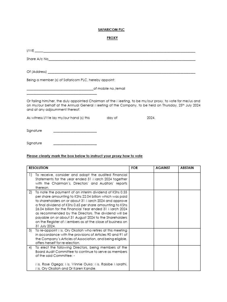 Safaricom 2024 Proxy Form Updated | PDF | Dividend | Government