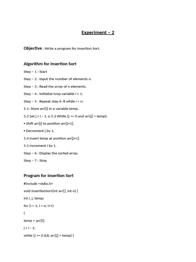 Insertion Sort Program in C | PDF