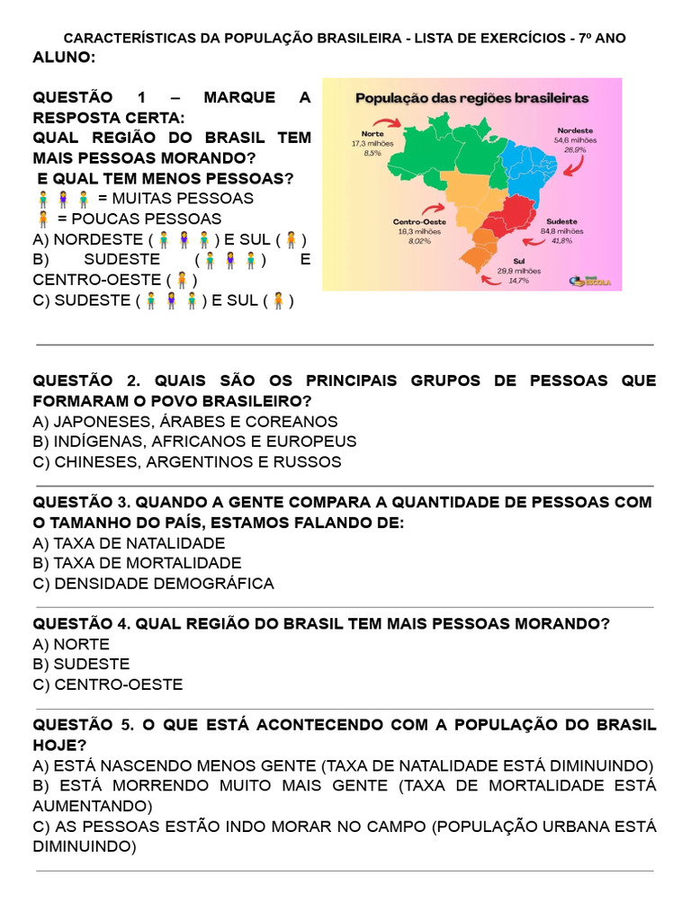 Exercícios sobre a População Brasileira | PDF | Brasileiros | População ...