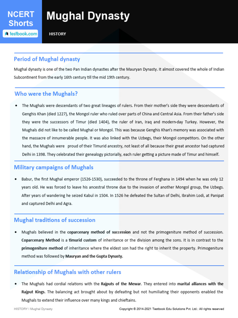 Mughal Dynasty - Study Notes | PDF | Mughal Empire