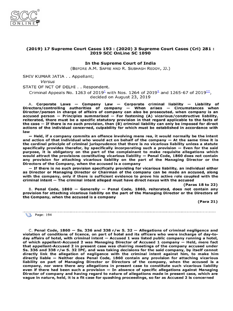 Shiv Kumar Jatia v. State (NCT of Delhi), (2019) 17 SCC 193 | PDF ...