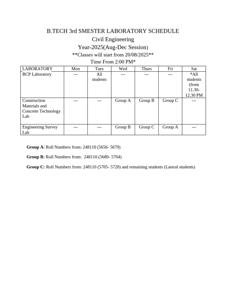B.Tech Civil Engineering Lab Schedule 2025 | PDF