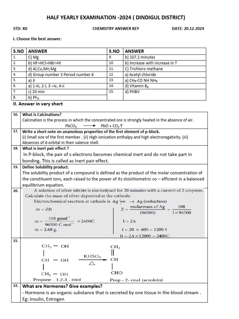 Chemistry Answer Key for XII Exams 2024 | PDF | Acid | Adsorption