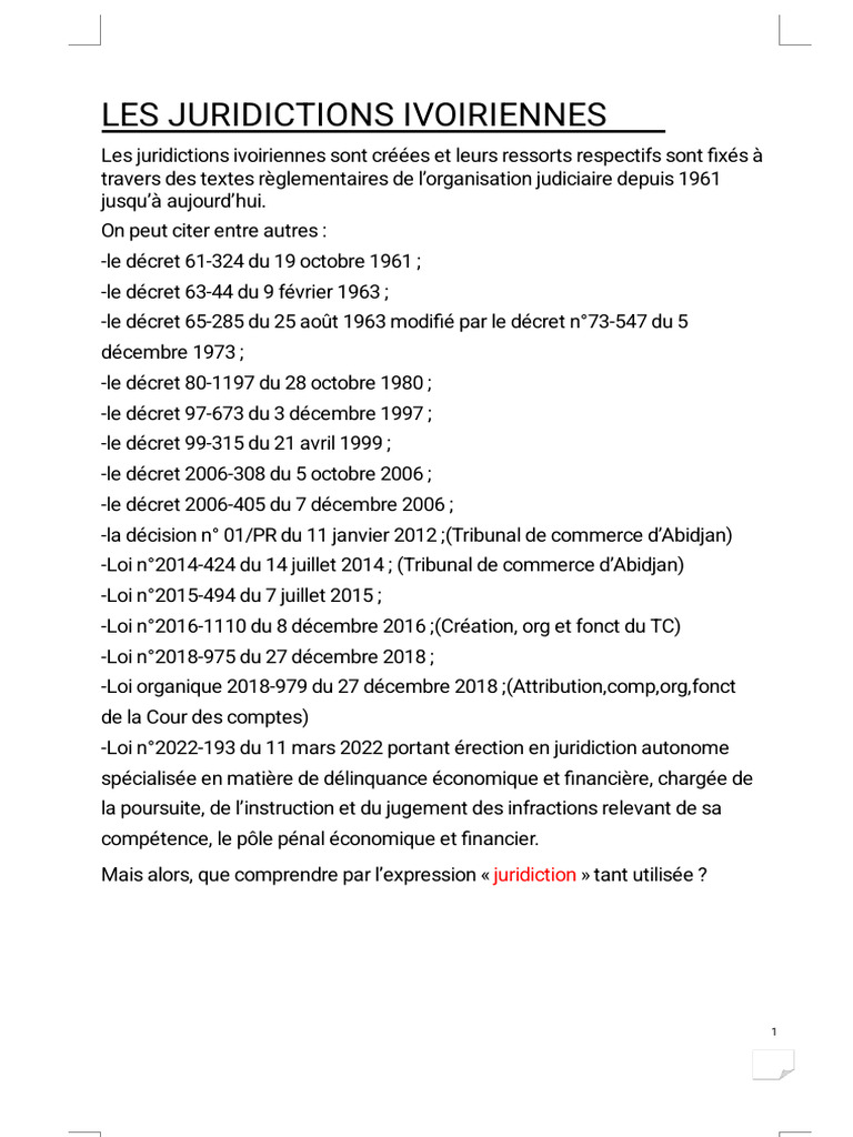 Juridictions Ivoiriennes : Types et Rôles | PDF | Crimes | Crime et ...