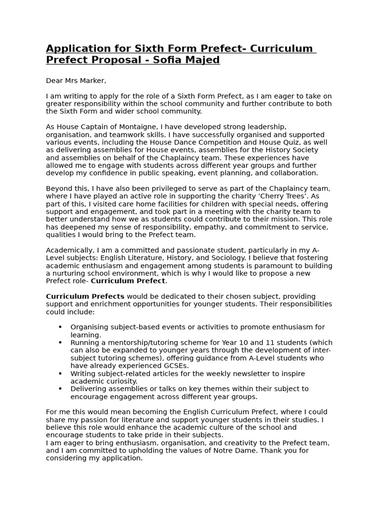 Sixth Form Prefect Application: Curriculum Role | PDF | Social Psychology