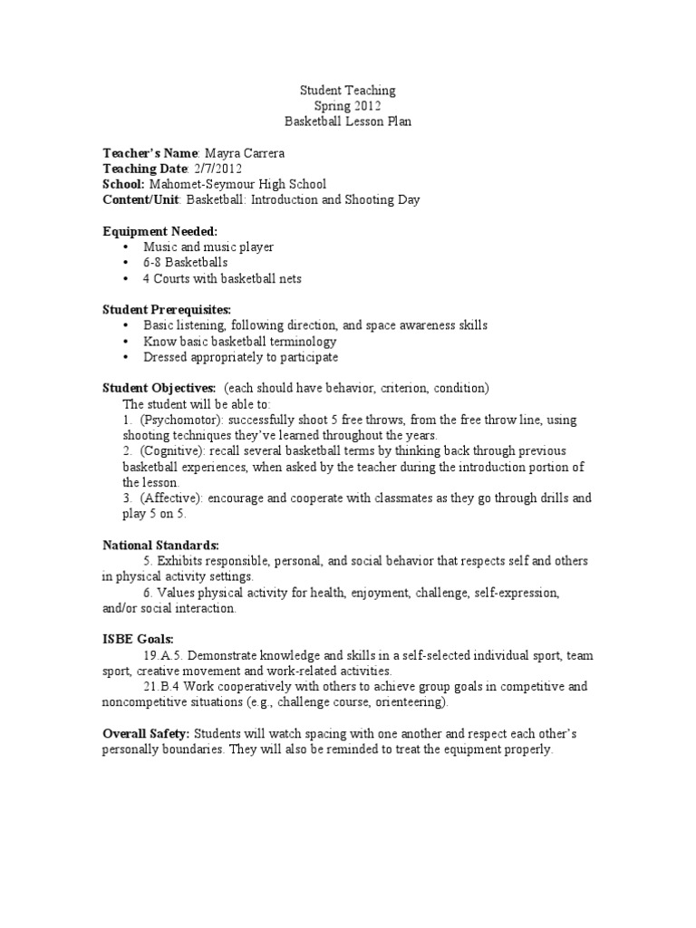 Basketball Unit 2 Lesson Plan Intro Shooting Week 1 Lesson Plan