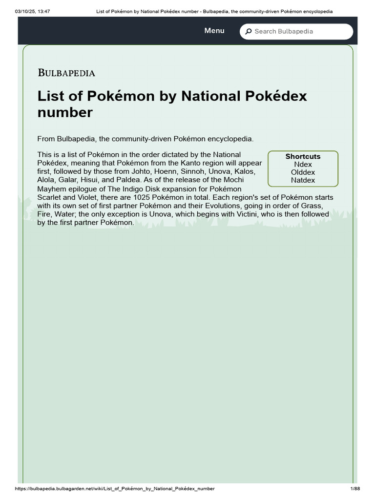 Complete National Pok dex List PDF Pok mon