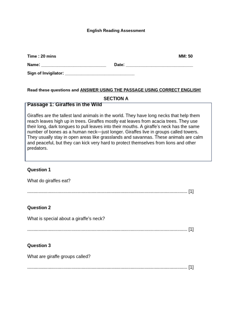 English Reading Assessment Test | PDF | Giraffe | Heart