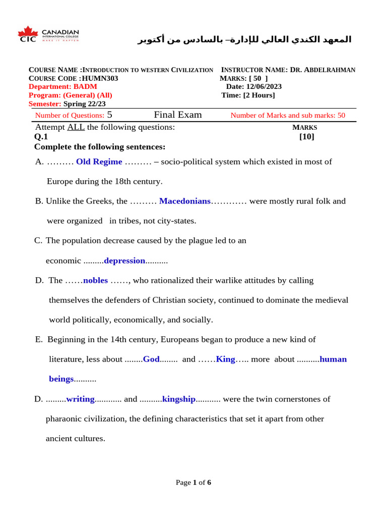 Final Exam 1 (Western Civilization) | PDF | France | Greeks