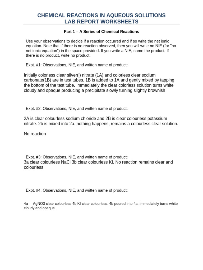 Aqueous Solutions Reaction Lab Report | PDF | Hydrochloric Acid ...