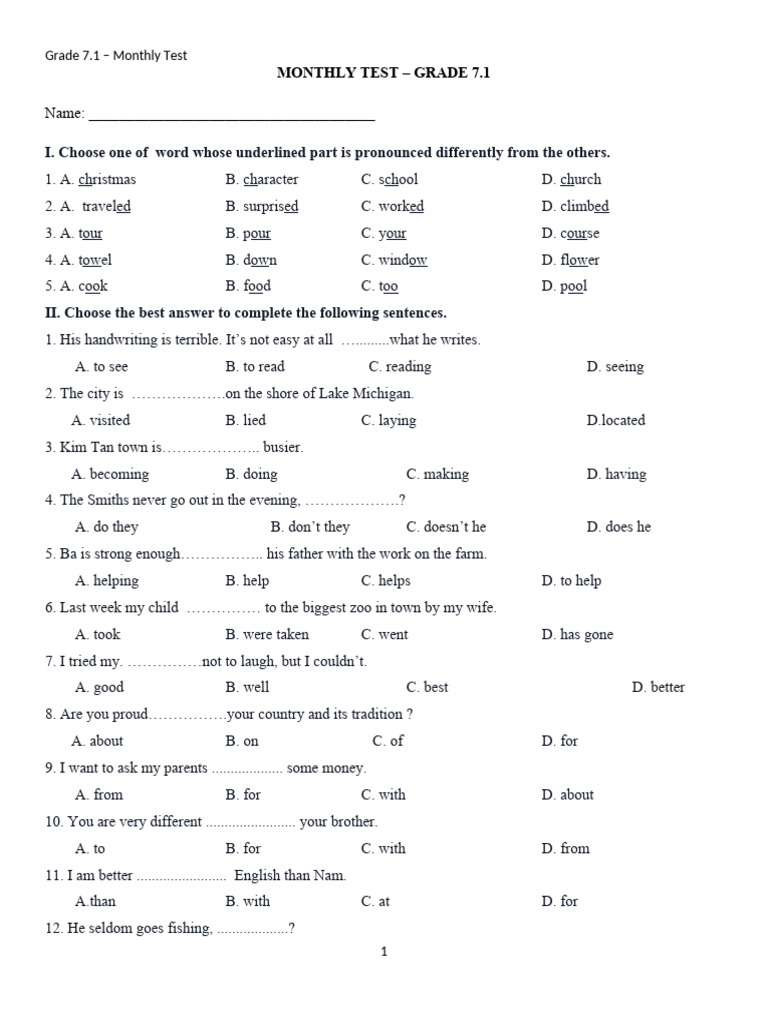 Grade 7.1 Monthly Test Questions | PDF