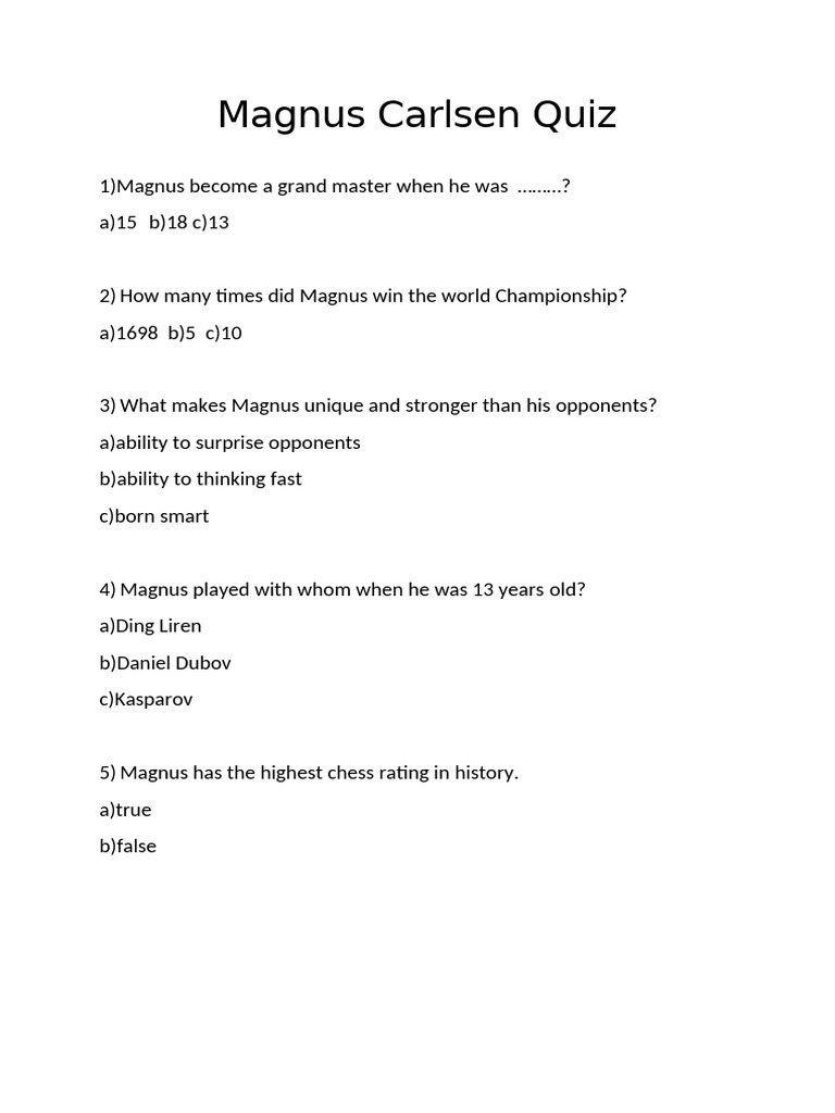 Magnus Carlsen Quiz Questions | PDF