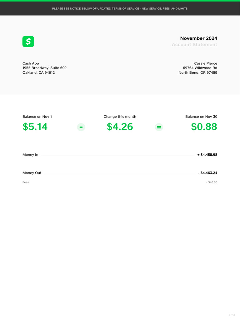 November 2024 Cash App Statement | PDF | Cash | Payments