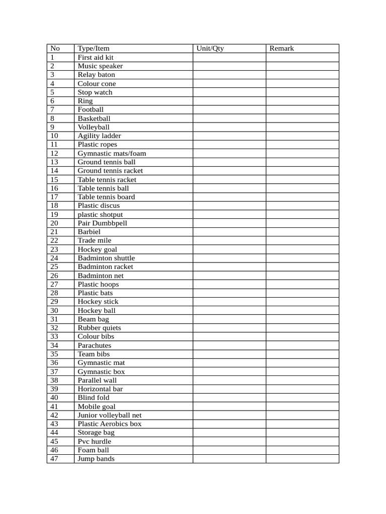 Sports Equipment Inventory List | PDF