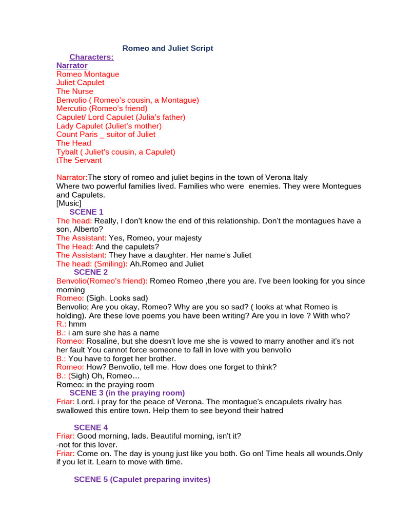 Romeo and Juliet Script Overview | PDF | Characters In Romeo And Juliet ...