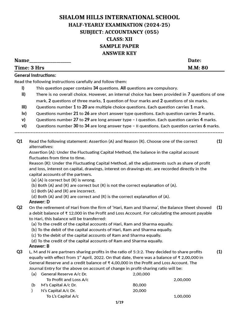 Class XII Accountancy Sample Paper 2024-25 | PDF | Debits And Credits ...