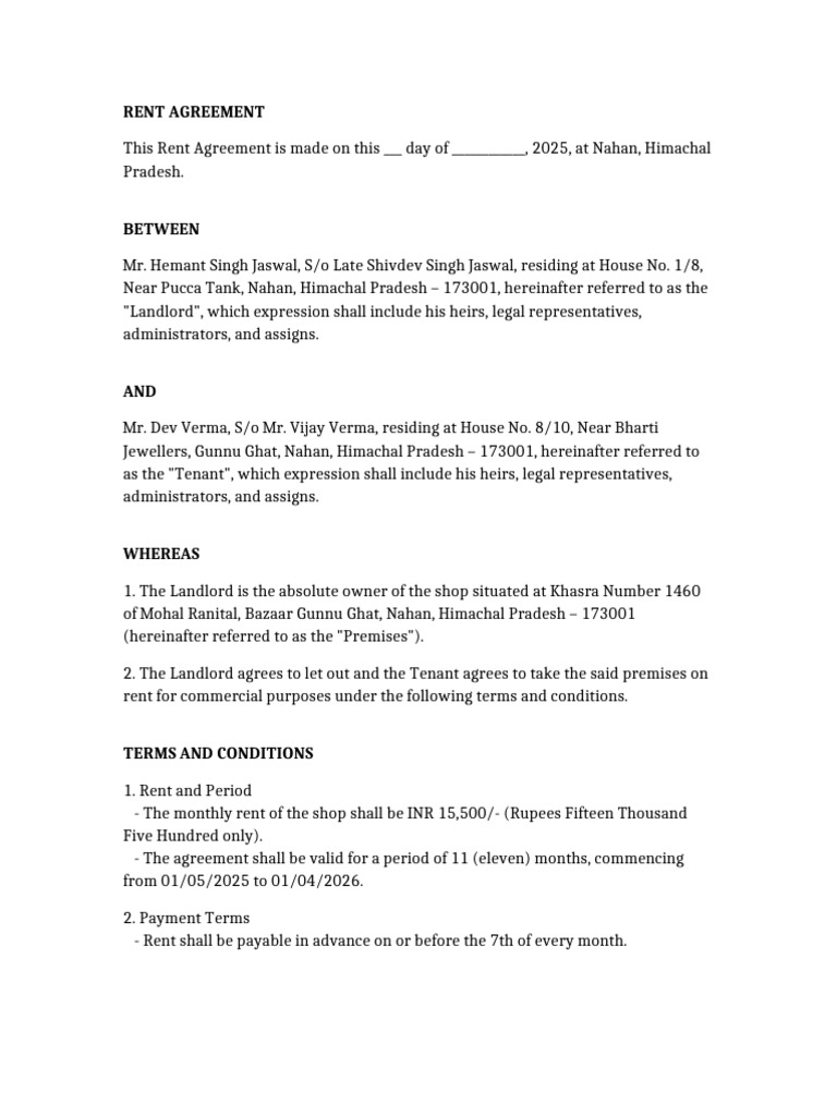 Commercial Rent Agreement Nahan 2025 | PDF | Lease | Leasehold Estate