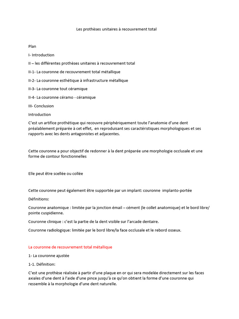 Prothèses unitaires à recouvrement total | PDF | Métaux | Bouche