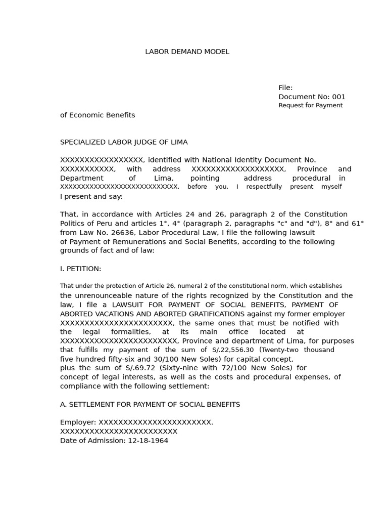 Labor Demand for Unpaid Benefits in Peru | PDF | Lawsuit | Employment