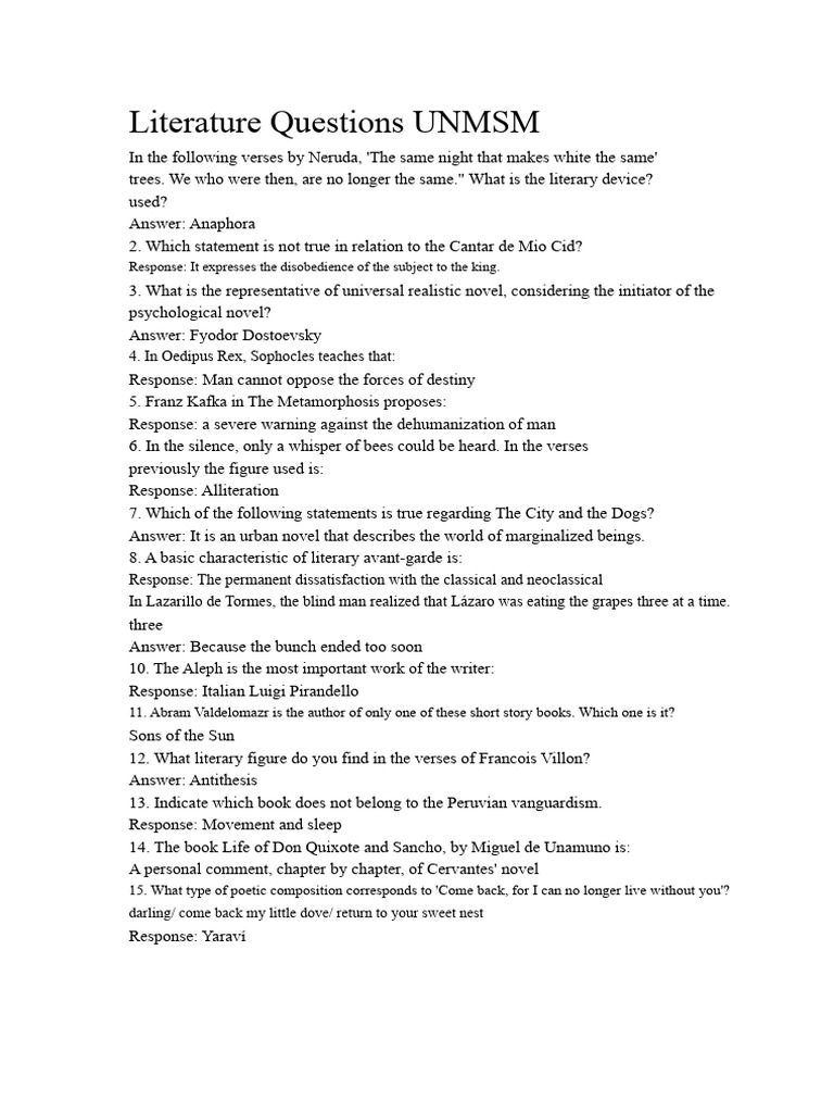 Literature Questions for UNMSM Exam | PDF | Poetry | Epic Poetry