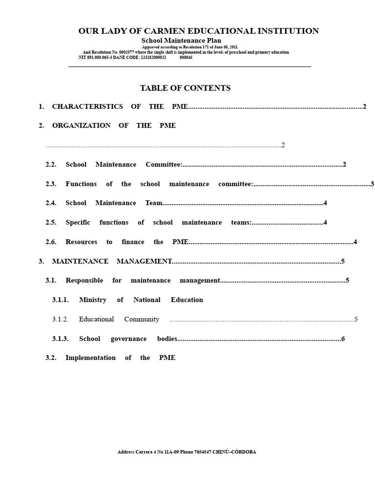 Our Lady of Carmen School Maintenance Plan | PDF | Infrastructure