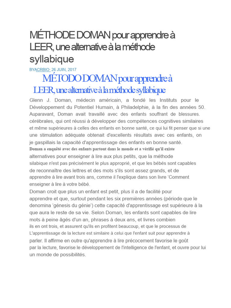 Méthode Doman : Apprendre à lire tôt | PDF | Apprentissage | la perception
