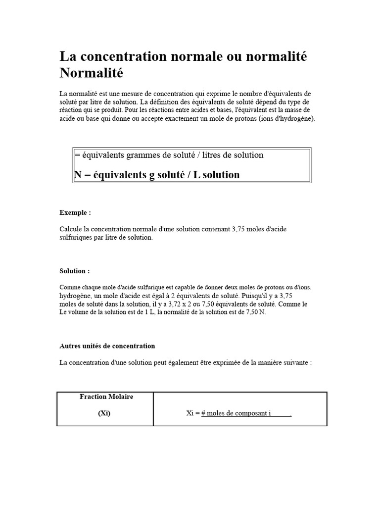 Normalité et concentration en chimie | PDF | Concentration molaire ...