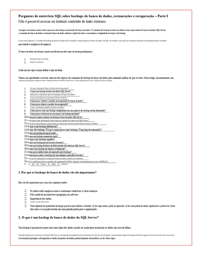 Perguntas sobre Backup e Restauração SQL | PDF | Cópia de segurança ...