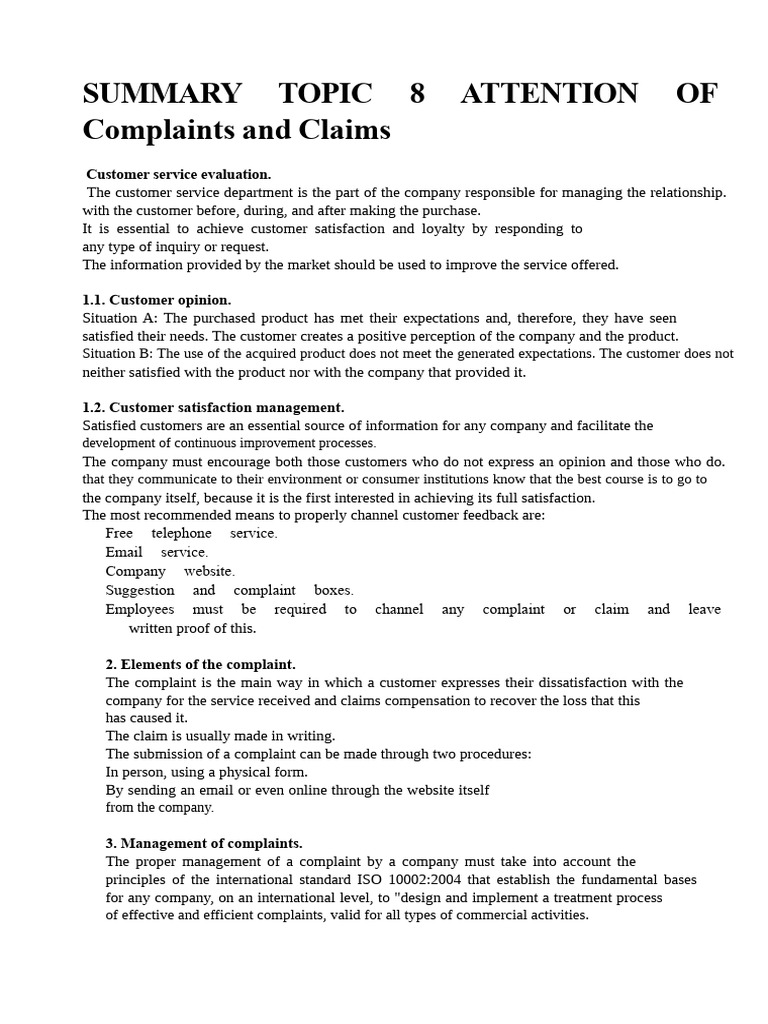 Summary Topic 8 Complaints and Claims Handling | PDF | Customer ...