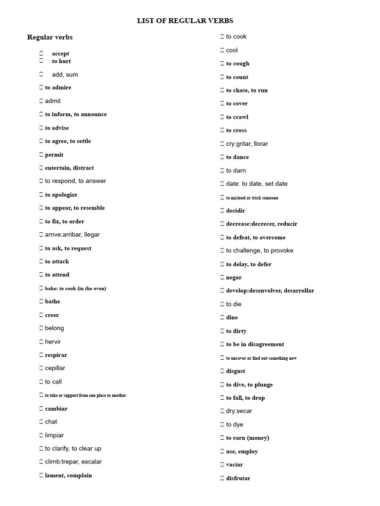 Comprehensive List of Regular Verbs | PDF