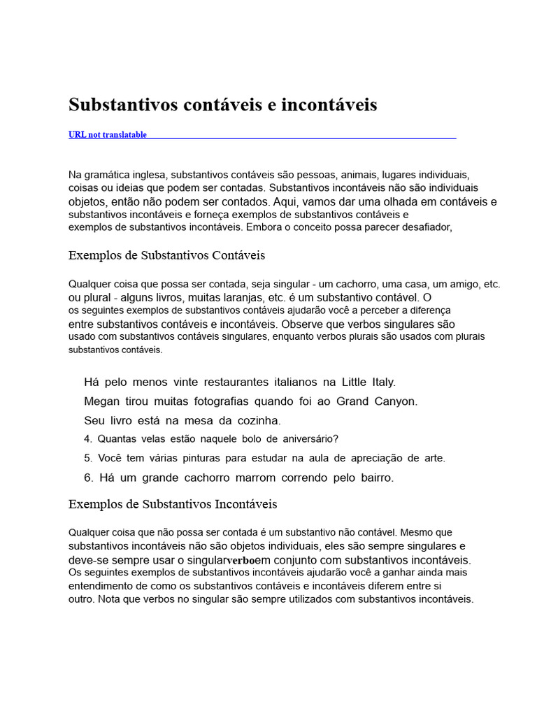 Substantivos Contáveis e Incontáveis: Exemplos | PDF | Substantivo | Plural