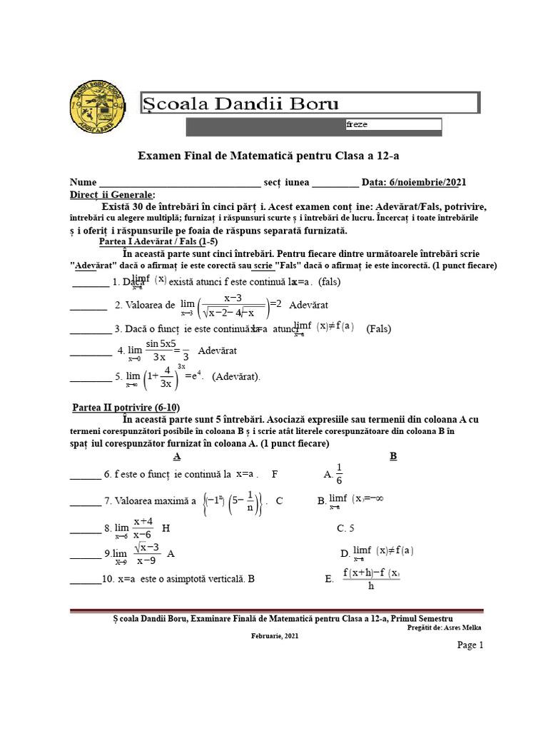 Examen Final de Matematică Pentru Semestrul I Pentru Clasa A 12-A | PDF