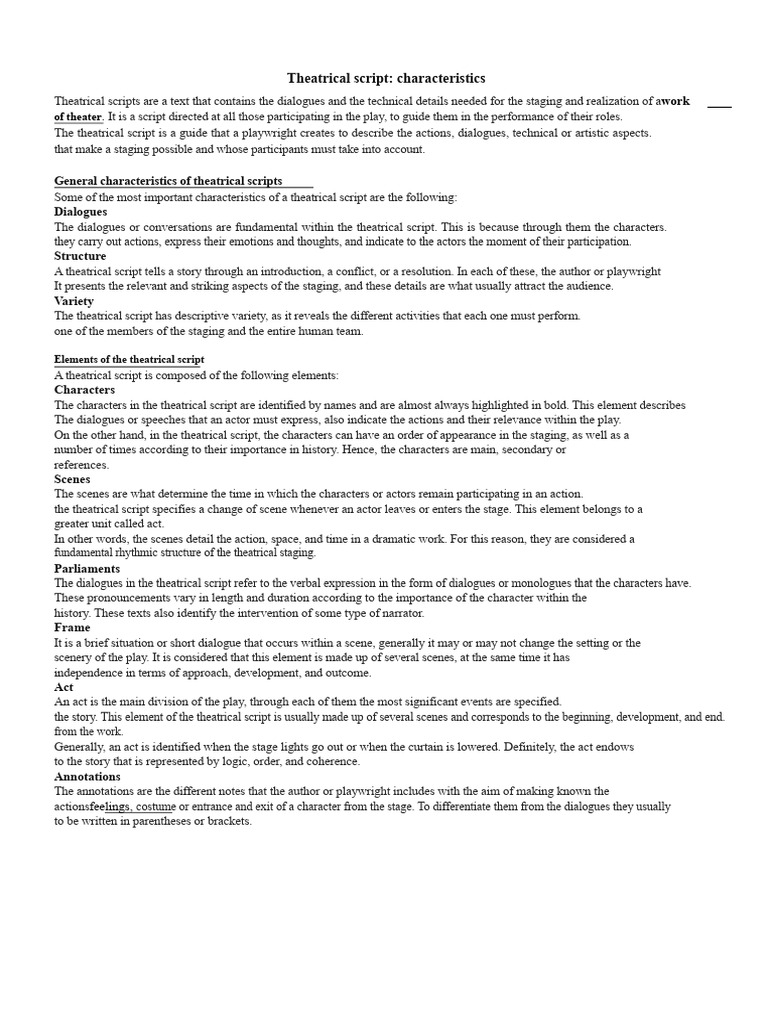 Key Features of Theatrical Scripts | PDF | Play (Theatre) | Theatre