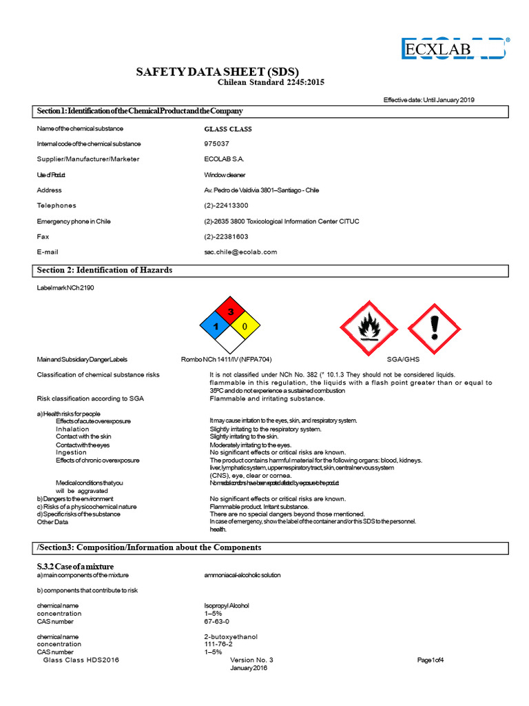 Chilean SDS for Window Cleaner Product | PDF | Toxicity | Dangerous Goods