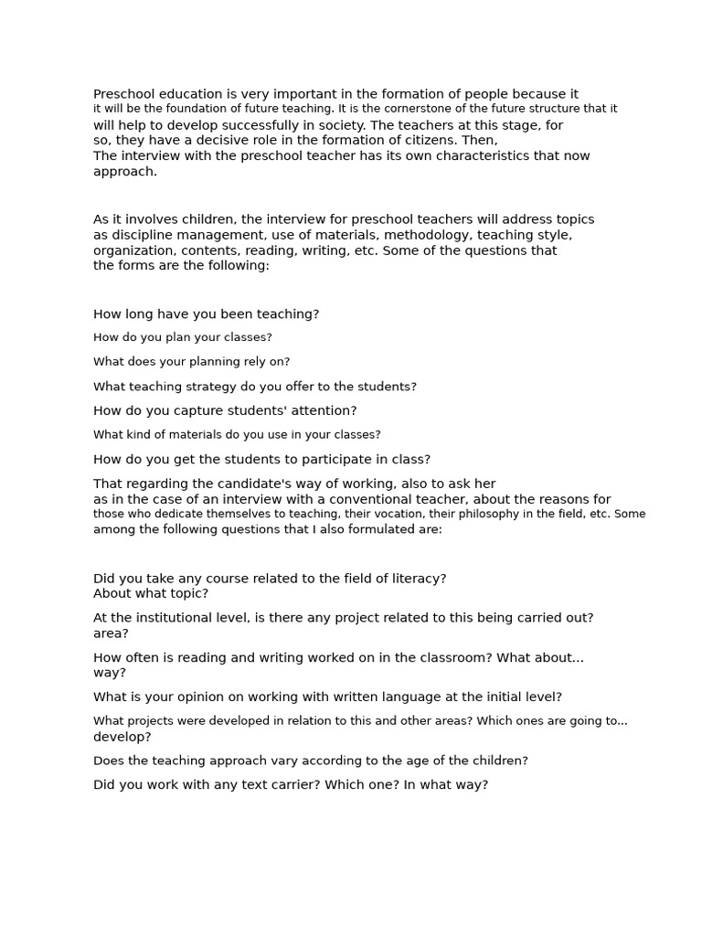 Questions For An Interview With A Preschool Teacher | PDF