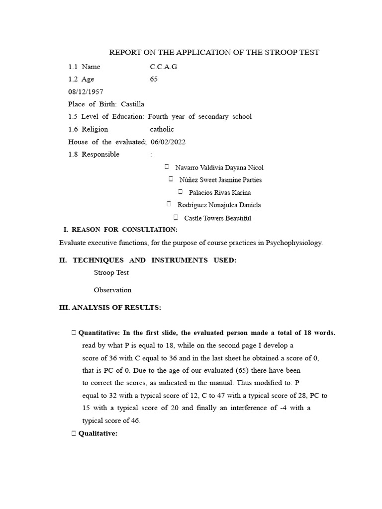 Stroop Test Evaluation Report | PDF | Neuropsychology | Cognition