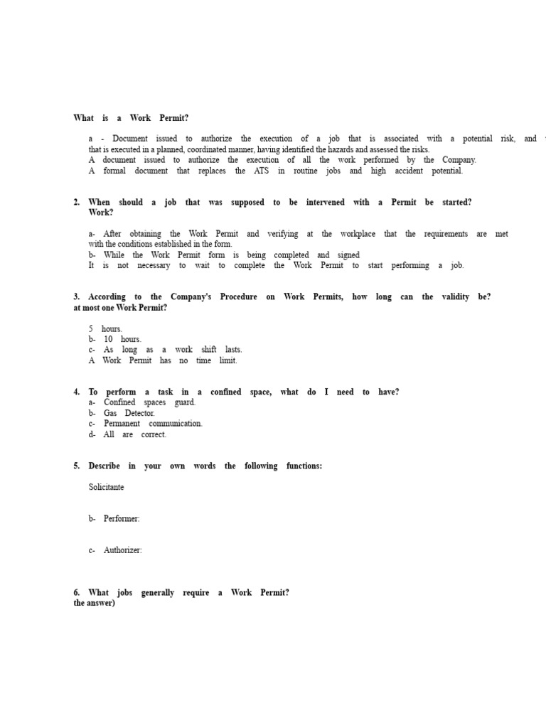 Work Permit Exam | PDF | Workplace | Occupational Safety And Health