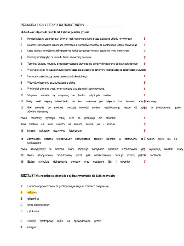 UNIT2 AOS Test Practice Questions ODPOWIEDZI | PDF