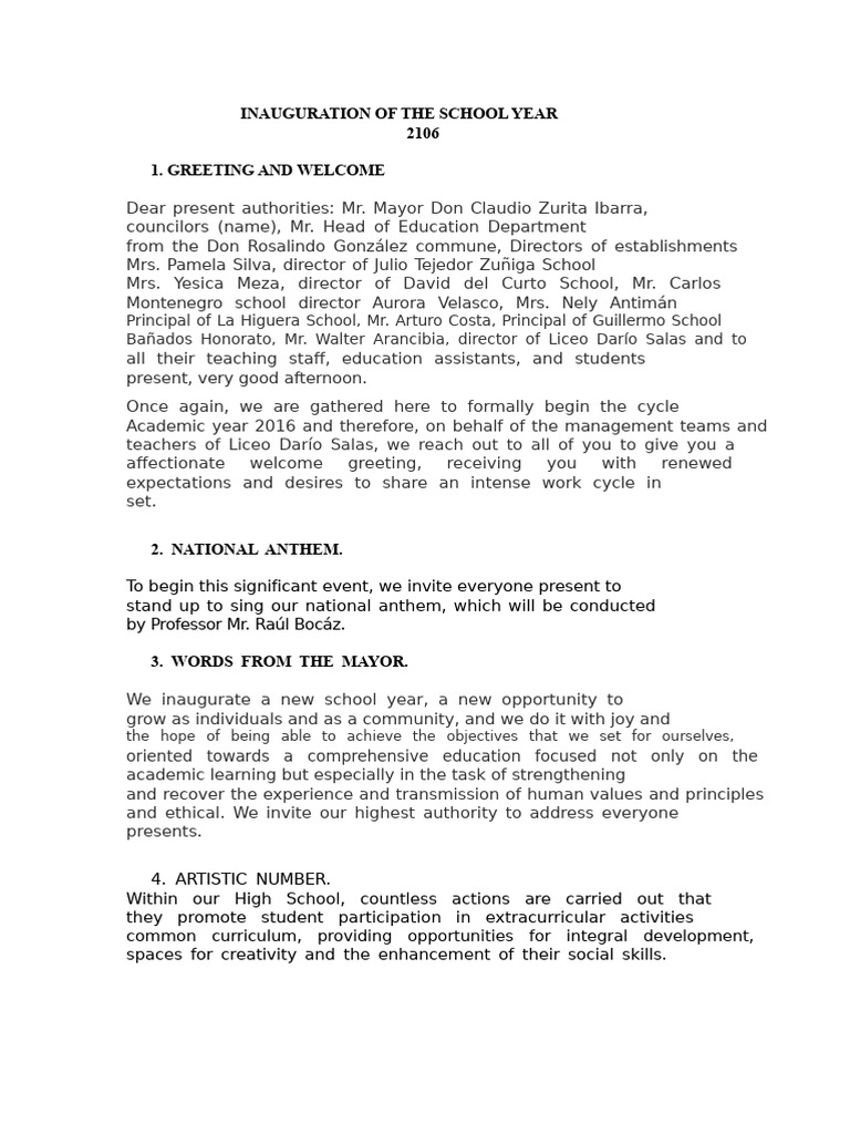 Inauguration Ceremony of The School Year | PDF | Teachers | Learning