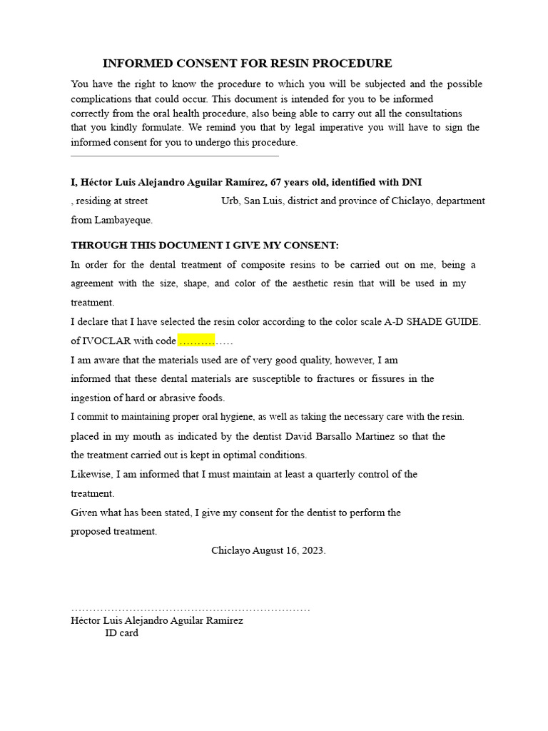 Informed Consent for Resin Dental Procedure | PDF