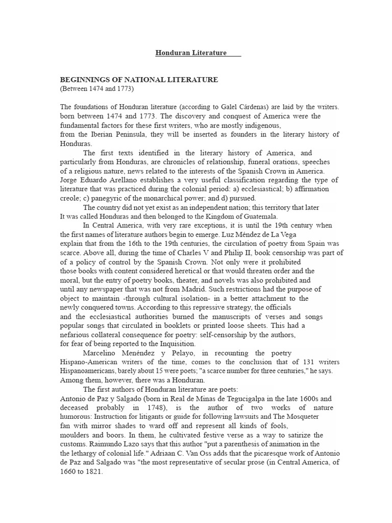 Historical Synthesis of Honduran Literature | PDF