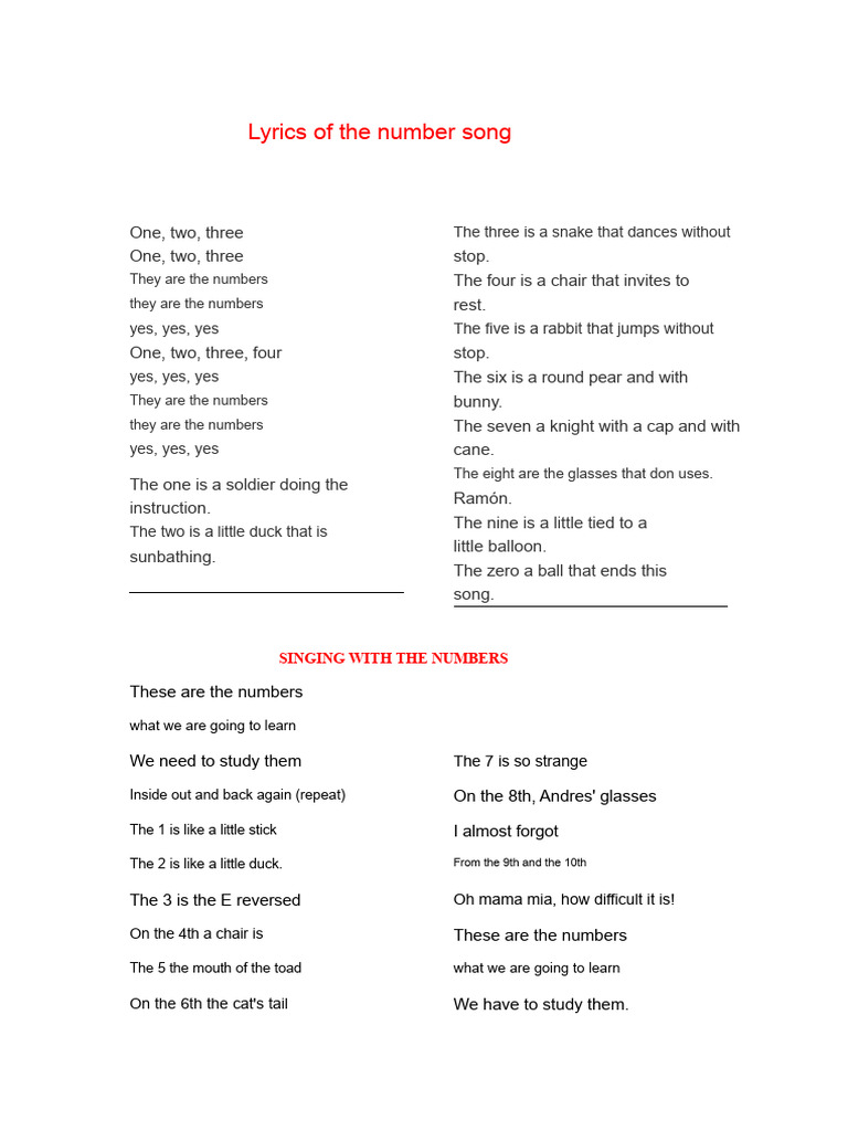 Lyrics of the Numbers Song | PDF