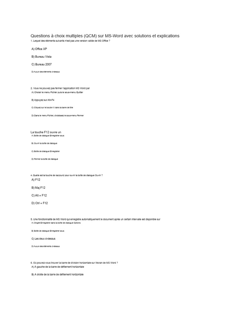QCM MS-Word : Questions et Solutions | PDF | Microsoft Word | Microsoft ...