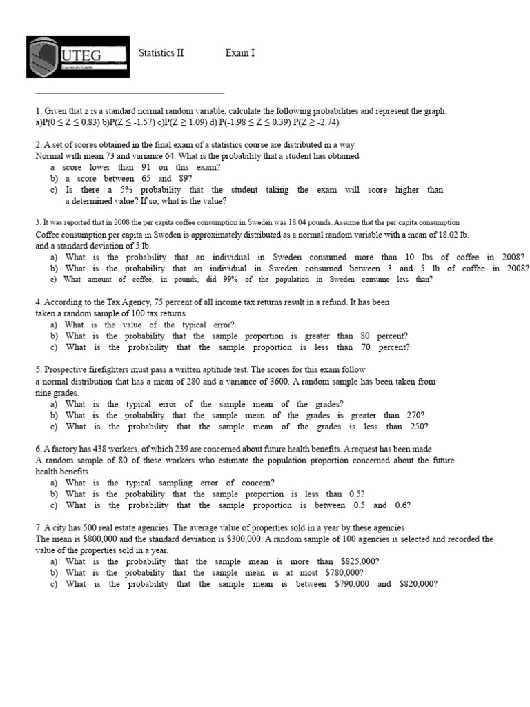 Statistics II Exam I Probability Questions | PDF | Normal Distribution ...