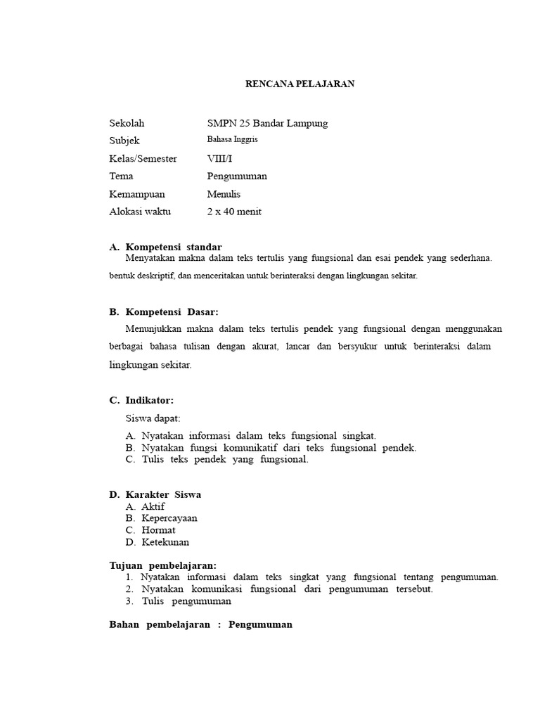 Rencana Pembelajaran Bahasa Inggris SMP | PDF