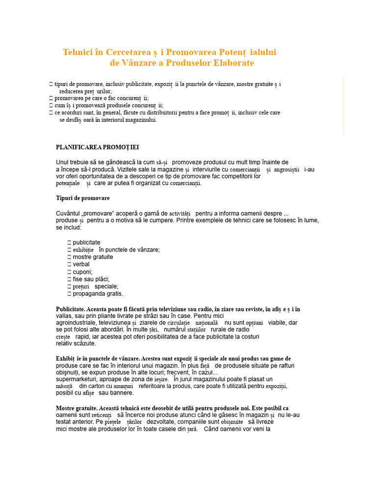 Tehnici În Cercetarea Și Promovarea Potențialului de Vânzare A ...