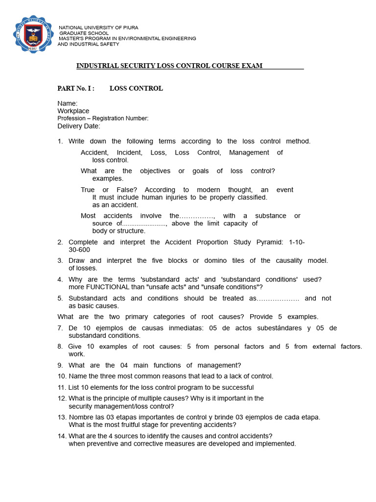 Loss Control Exam for Environmental Engineering | PDF | Occupational ...