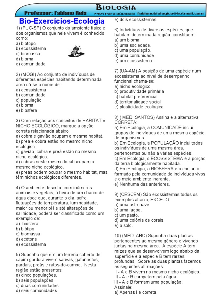 Exercícios sobre Ecossistemas e Ecologia | PDF | Ecologia | Ecossistema