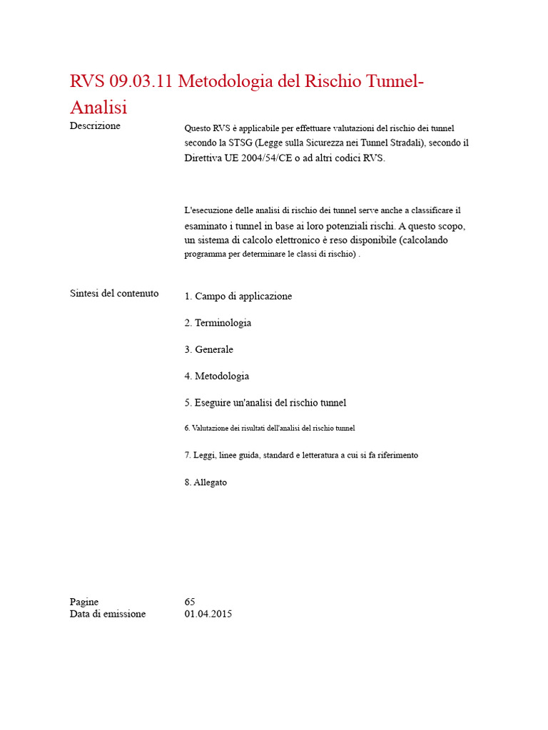 RVS 09.03.11 Metodologia Dell'analisi Del Rischio Nei Tunnel | PDF